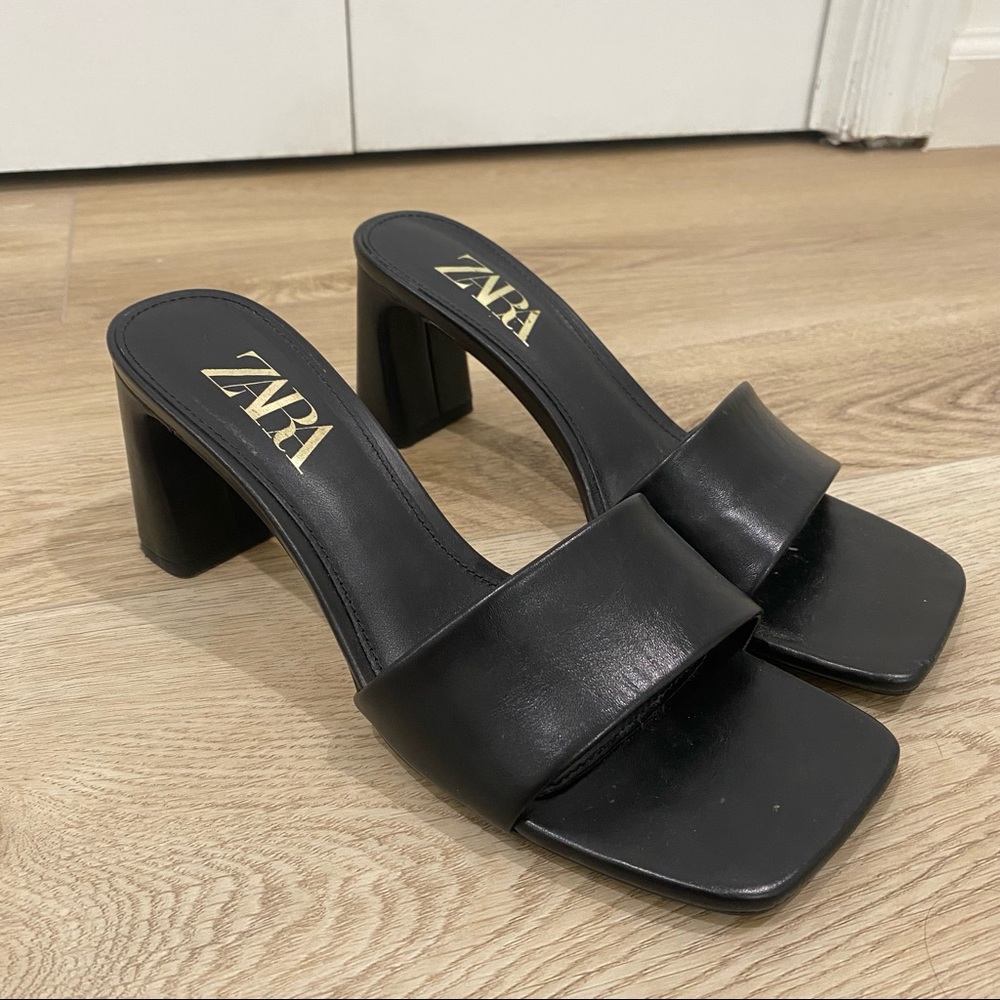 Zara Black Leather Heel Sandals
